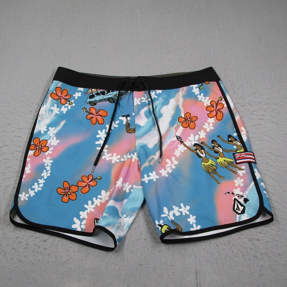 Volcom Mod-Tech Drew Toonz Board Shorts Mens 38 Blue Hawaiian Hula Surf Trunks